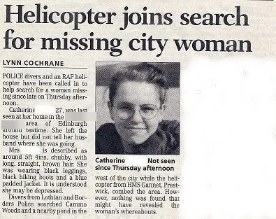 Newspaper cutting headlined "Helicopter joins search for missing city woman", with my photo. Some personal details are blurred.